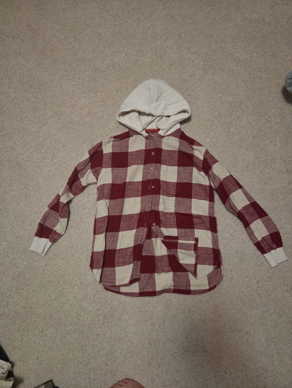 American Eagle Outfitters Red and White Plaid Hooded Button-Up